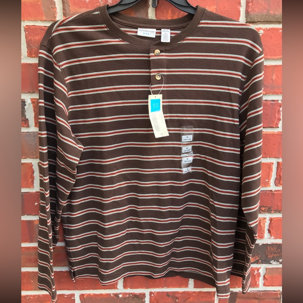 NWT Covington Long Sleeve Men’s Pullover Henley Shirt Brown with Stripes Medium